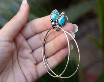 Turquoise Earrings, Turquoise Jewelry, Sterling Silver Earrings, Boho Earrings, Boho Jewelry, Silver Hoop Earrings, Gift for Her