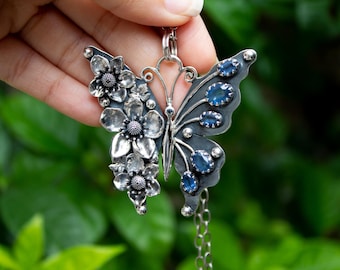 Kyanite Butterfly Pendant: Floral Sterling Silver Artisan Necklace