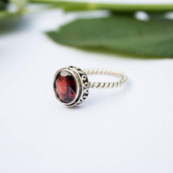Garnet Ring: Sterling Silver January Birthstone Boho Jewelry