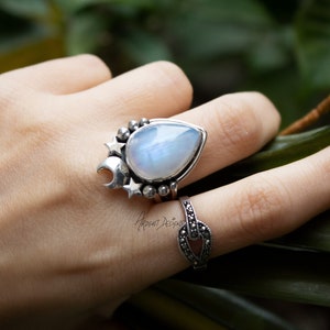 Bague pierre de lune, bague en argent sterling 925, bague croissant de lune, bague pierre de lune véritable, pierre de lune arc-en-ciel, bague céleste demi-lune