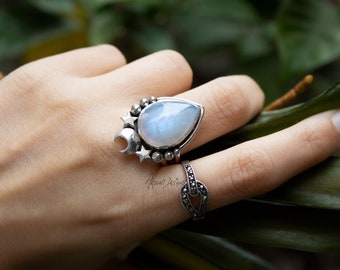 Handmade Crescent Moonstone Ring: 925 Sterling Silver Celestial Jewelry
