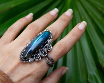 Labradorit Ring, blau Flash Labradorit Sterling Silber Ring, Anweisung Ring, Labradorit Schmuck, Boho, Wide Band Ring, Jahrestag Ring