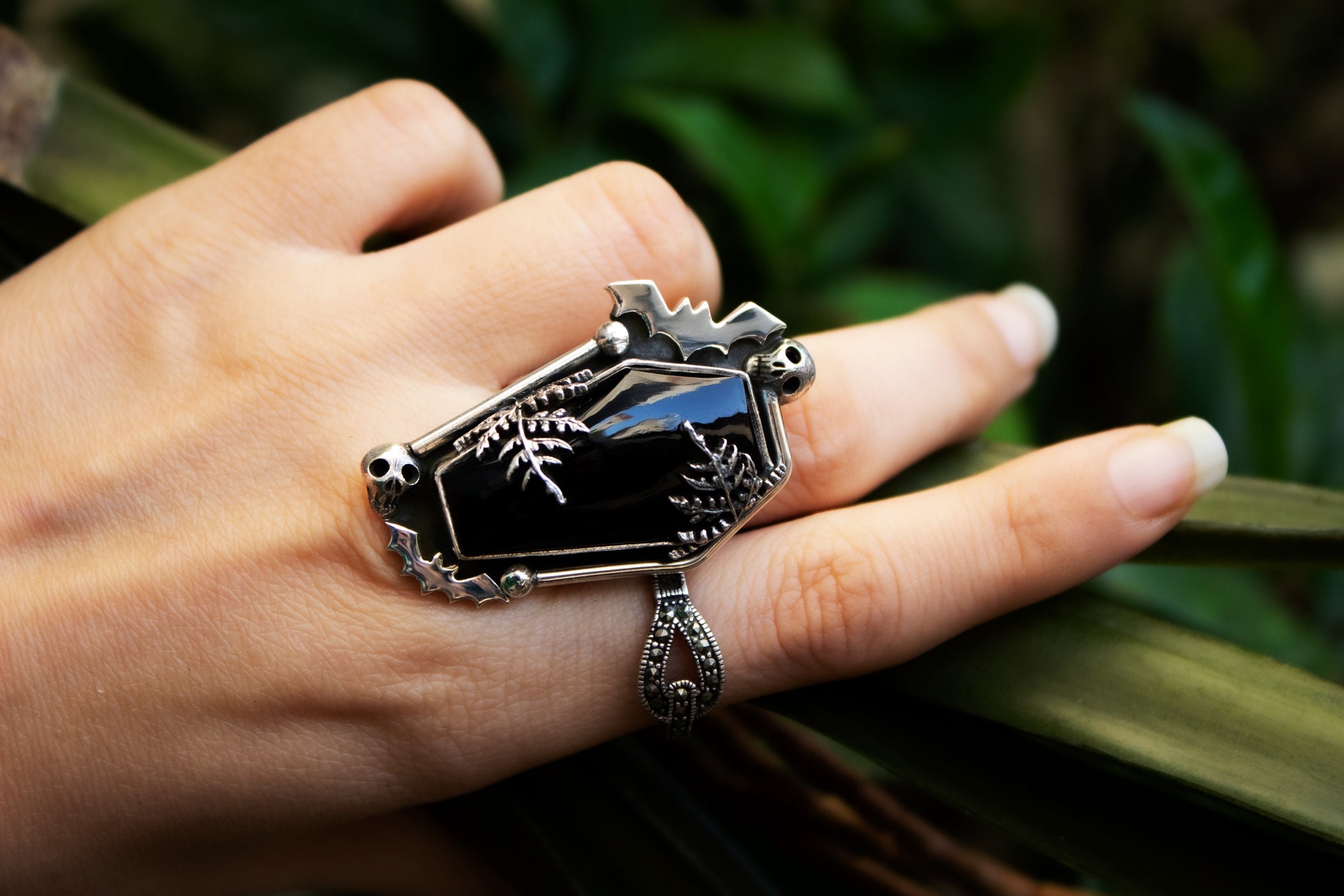 Black Onyx Coffin Ring: Sterling Silver Gothic Statement Ring
