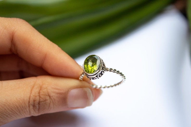 Peridot Ring, Peridot Sterling Silver Ring, August Birthstone Ring, Twisted Band Ring, Green Stone Ring, Promise Ring, All Size US 3 to 13 