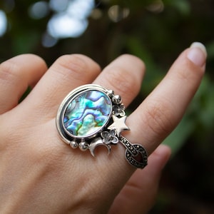 Natuurlijke abalone schelpring, abalone sterlingzilveren ring, boho strandring, sterlingzilveren schelpring, schelp sieraden cadeau vrouw zus moeder