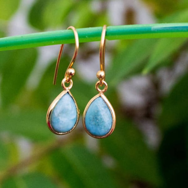 Larimar Earrings, Blue Larimar Stone Sterling Silver Gold Plated Earrings, Larimar Jewelry