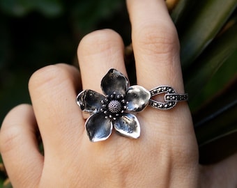 Oxidized Sterling Silver Flower Ring: Nature Inspired Floral Jewelry