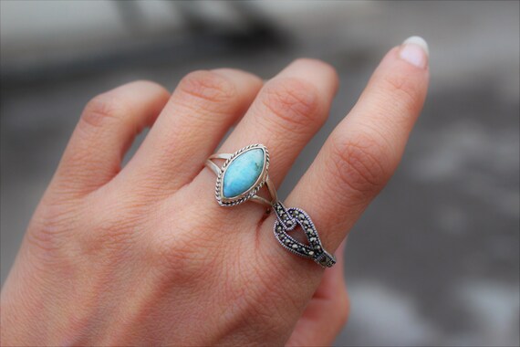 Dominican Republican Natural Blue Larimar stone Ring Dainty Ring Boho Ring Larimar Ring Sterling Silver Marquise shape Larimar Ring