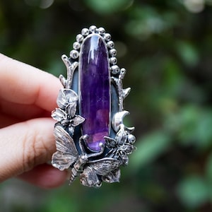 Amethist ring sterlingzilveren vlinderring, op de natuur geïnspireerde ring, statement ring, boho unieke OOAK cadeau vrouw zus moeder, jubileumcadeau