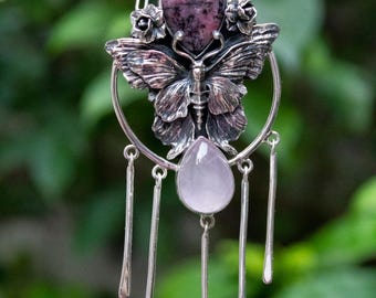 Handcrafted Rhodonite & Rose Quartz  butterfly Necklace Sterling Silver