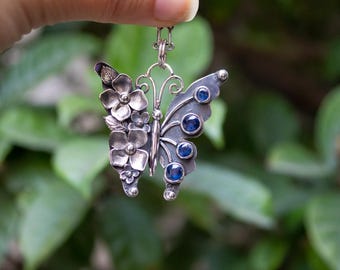 Butterfly Pendant: Kyanite Gemstone, Sterling Silver Floral Necklace