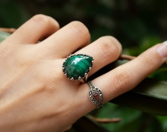 Anello in argento sterling con malachite naturale, gioielli boho