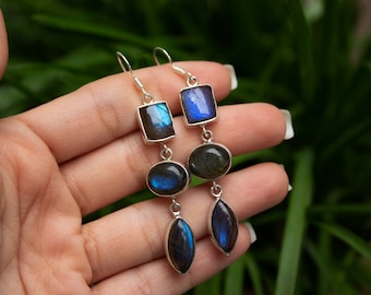 Labradorite Earrings Handmade Blue Flash Labradorite Earrings Sterling Silver Earrings Labradorite Jewelry Earrings Blue Gemstone Earrings