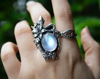 Anillo de piedra lunar floral: plata de ley con detalle de cianita - Anillo de serpiente gótico bohemio