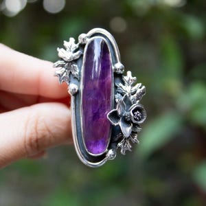 Amethist ring sterlingzilveren ambachtelijke ring, op de natuur geïnspireerde ring, statement ring, boho unieke OOAK cadeau vrouw zus moeder, verjaardagscadeau