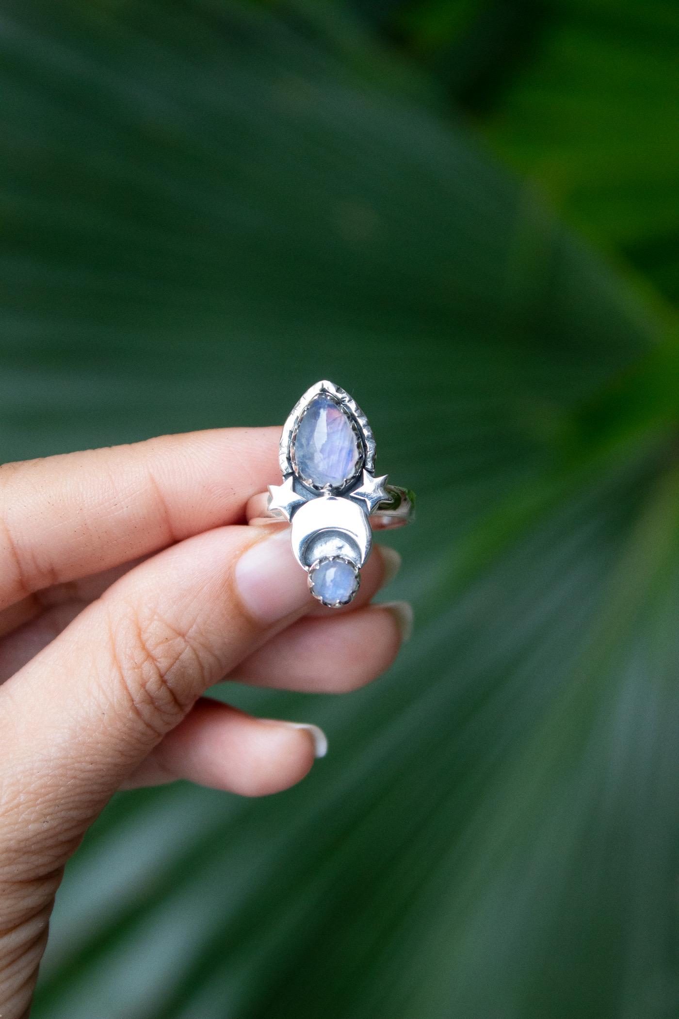 Crescent Moonstone 925 Sterling Silver Ring, Gothic Celestial