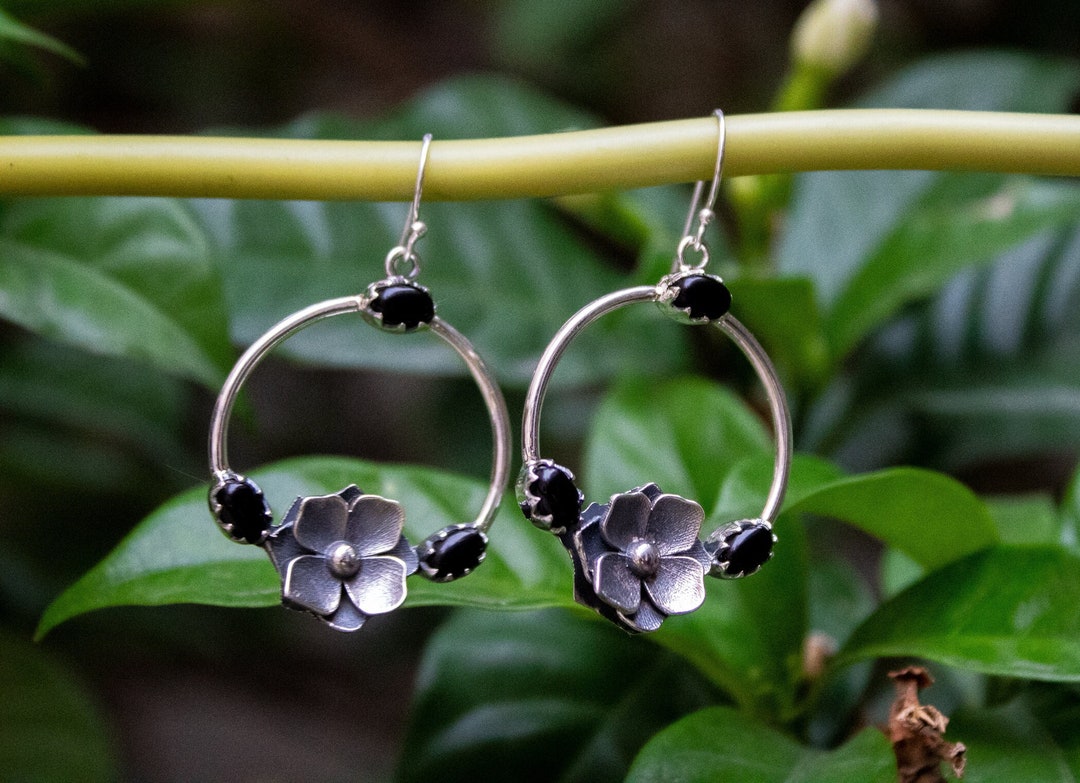 Black Onyx Hoop Earrings, Sterling Silver and Onxy Earrings, Small Hoop
