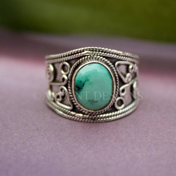 Turquoise Ring, Natural Turquoise Sterling Silver Ring, Boho Ring, December Birthstone, Turquoise Jewelry, Wide Band Ring