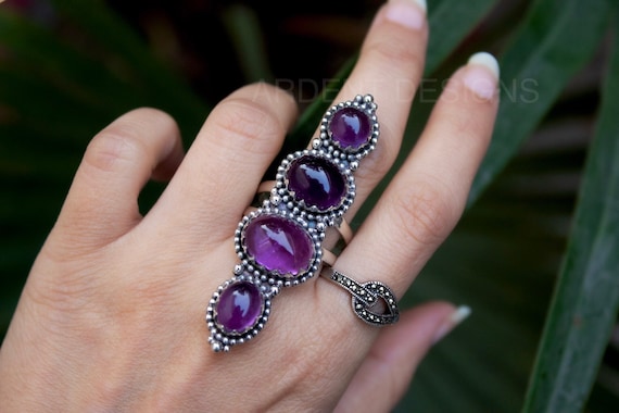 Platinum Cushion Shape Purple Sapphire & Diamond Three Stone Ring