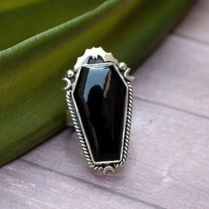 Coffin Ring, Black Onyx Ring, Black Onyx Gemstone Sterling Silver Ring, Statement Ring, Onyx Jewelry, Witchy Ring,Black Stone Ring, Bat Ring