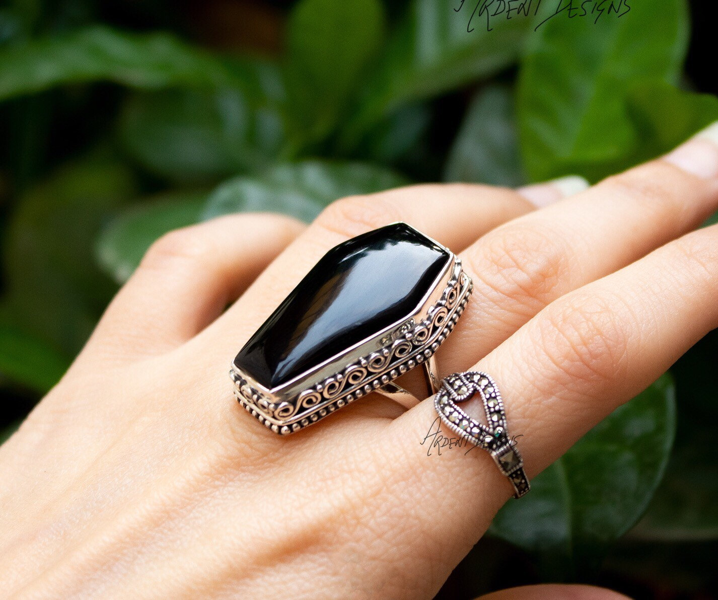 Black Onyx Coffin Gemstone Ring, Sterling Silver Statement Ring