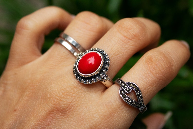 Dainty Red Stone Ring 925 Sterling Silver Gemstone Ring Coral Stone Ring Coral Jewelry Bohemian Gypsy Ring Silver Ring Coral Ring