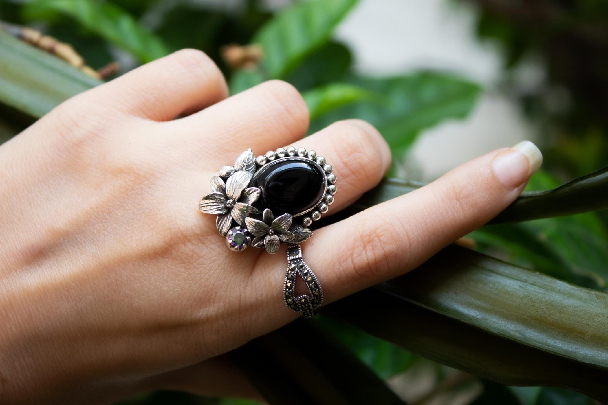 Black Onyx Sterling Silver Ring: Floral Artisan Gemstone Ring - Etsy