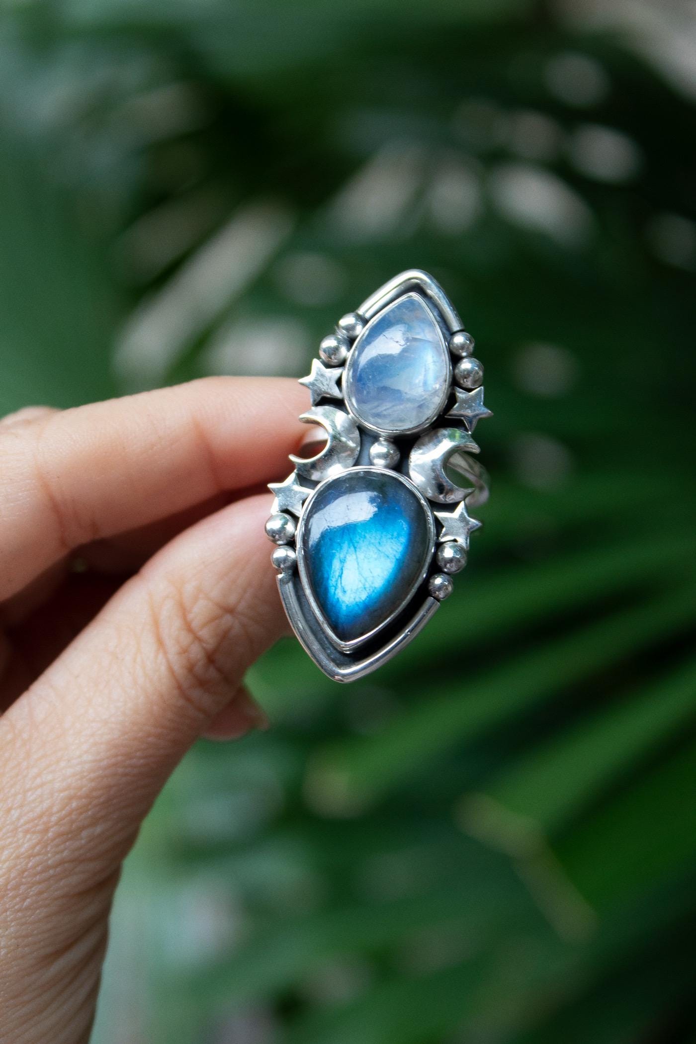 Celestial Labradorite Moonstone Ring: Crescent Moon Sterling
