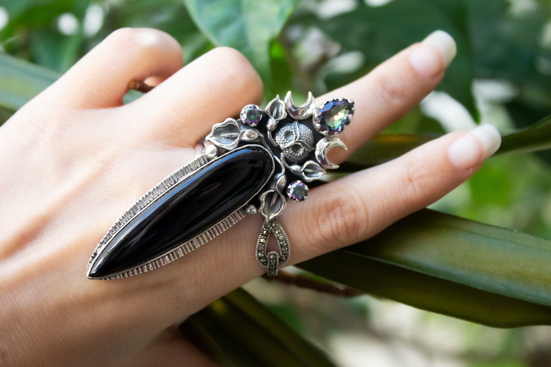 Black Onyx Owl Ring: Sterling Silver Mystic Topaz Statement Ring
