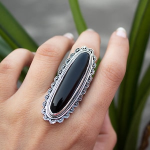 Black Onyx Ring, Black Onyx Gemstone Sterling Silver Ring, Statement Ring, Onyx Jewelry, Black Stone Long Ring