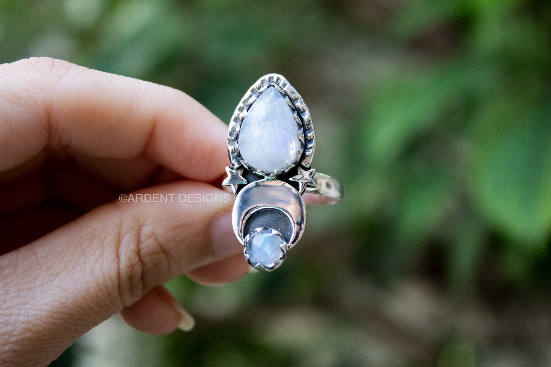 Crescent Moonstone 925 Sterling Silver Ring, Gothic Celestial