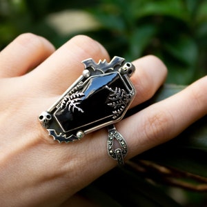 Coffin Ring, Black Onyx Ring Sterling Silver, Gothic Ring Black Onyx Statement Ring, Witchy Ring,Black Stone Ring, Bat Ring, Skull Ring Boho