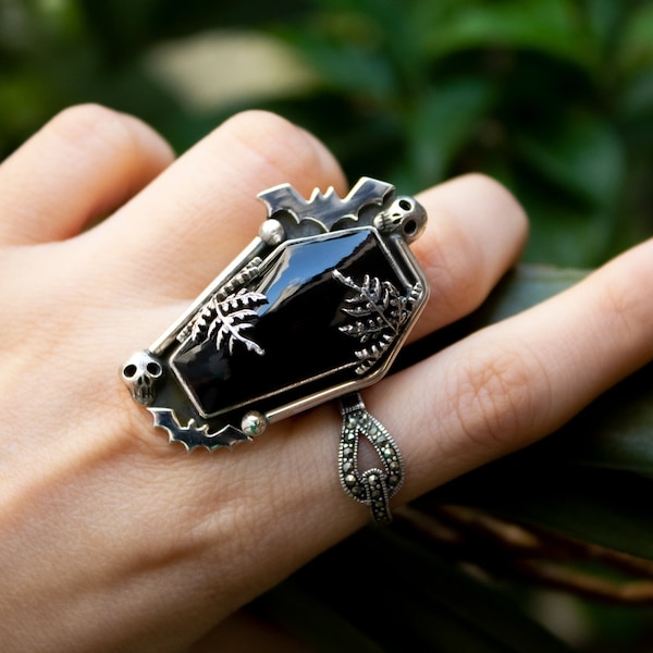 Black Onyx Coffin Ring: Sterling Silver Gothic Statement Ring