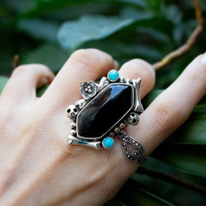 Black Onyx Ring, Bones and Skull Black Onyx Gemstone Sterling Silver Ring, Statement Ring Onyx Jewelry Black Stone  Halloween Ring, Witchy