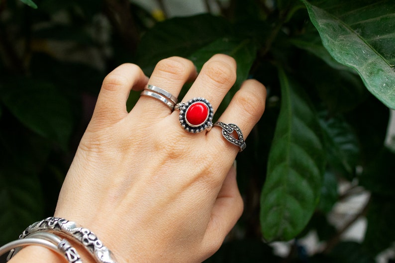 Dainty Red Stone Ring 925 Sterling Silver Gemstone Ring Coral Stone Ring Coral Jewelry Bohemian Gypsy Ring Silver Ring Coral Ring