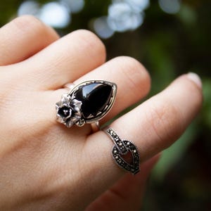 Floral Black Onyx Sterling Silver Ring: Artisan Boho Witchy Jewelry