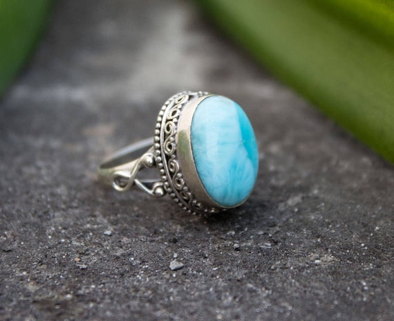Dominican Republican Natural Blue Larimar stone Ring Dainty Ring Boho Ring Larimar Ring Sterling Silver Marquise shape Larimar Ring