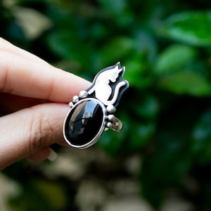 Black Onyx Ring Sterling Silver Cat Ring Halloween Ring, Black Onyx Gemstone Ring, Witchy Ring, Boho, Halloween Jewelry