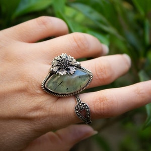 May include: A silver ring with a green gemstone and a flower design. The ring is on a person's finger.