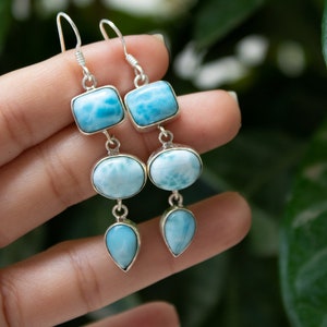 Larimar Earrings Handmade Dominican Blue Larimar Gemstone Earrings Sterling Silver Earrings Larimar Jewelry Earrings Blue Stone Earrings