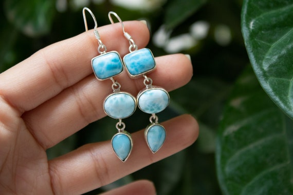 Larimar Earrings Handmade Dominican Blue Larimar Gemstone Earrings Sterling Silver Earrings Larimar Jewelry Earrings Blue Stone Earrings Etsy