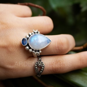 Handmade Moonstone & Kyanite Sterling Silver Ring: Boho Gemstone Jewelry