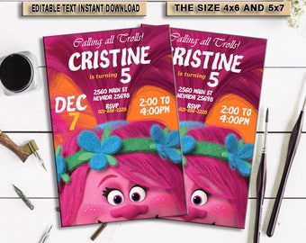INSTANT DOWNLOAD_Trolls Birthday Invitation, Editable, invitation, invitations birthday, Invites, invitations download, PDF