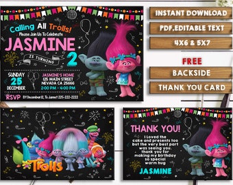 INSTANT DOWNLOAD Trolls Birthday Invitation, Editable, invitation, invitations birthday, Invites, invitations download, PDF
