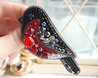 Robin brooch, robin pin, Redbreast brooch, winter bird brooch, bird brooch, Bullfinch brooch, crystal brooch, red bird