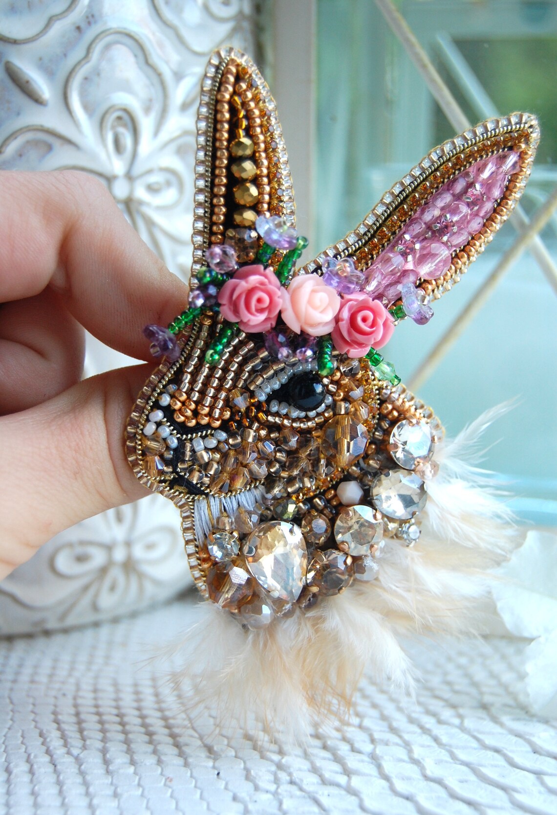 Bunny Brooch, Rabbit Brooch, Bead Embroidered Brooch, Rabbit Bin, Bunny