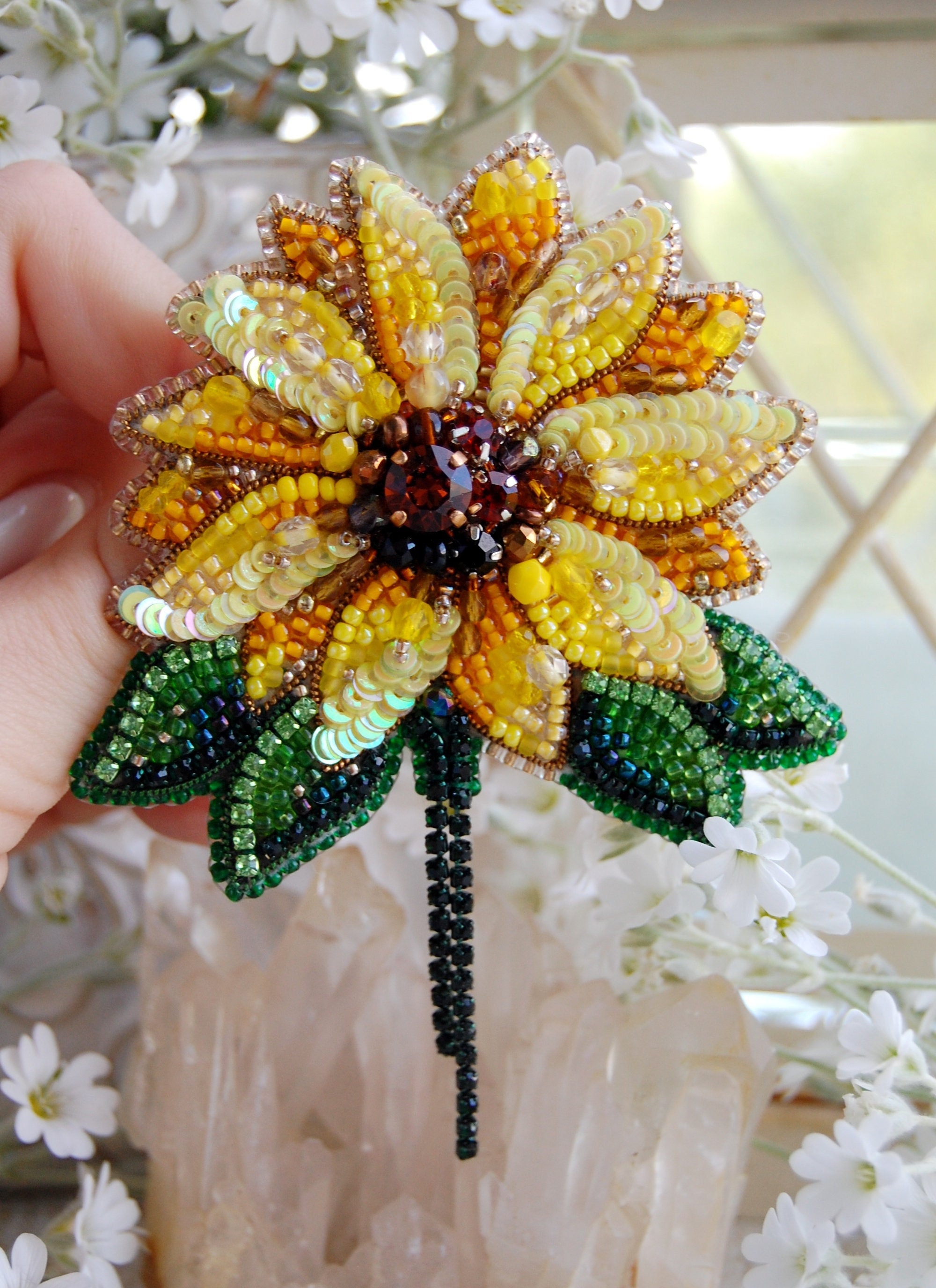 Sunflower Brooch, Beaded Sunflower Brooch, Yellow Sunflower Pin