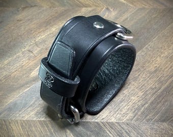 1 3/4" Black Leather Wrist Cuff with Steel Hardware, Two-Piece Adjustable D-Ring Bracelet, Heavyweight Minimalist Wristband