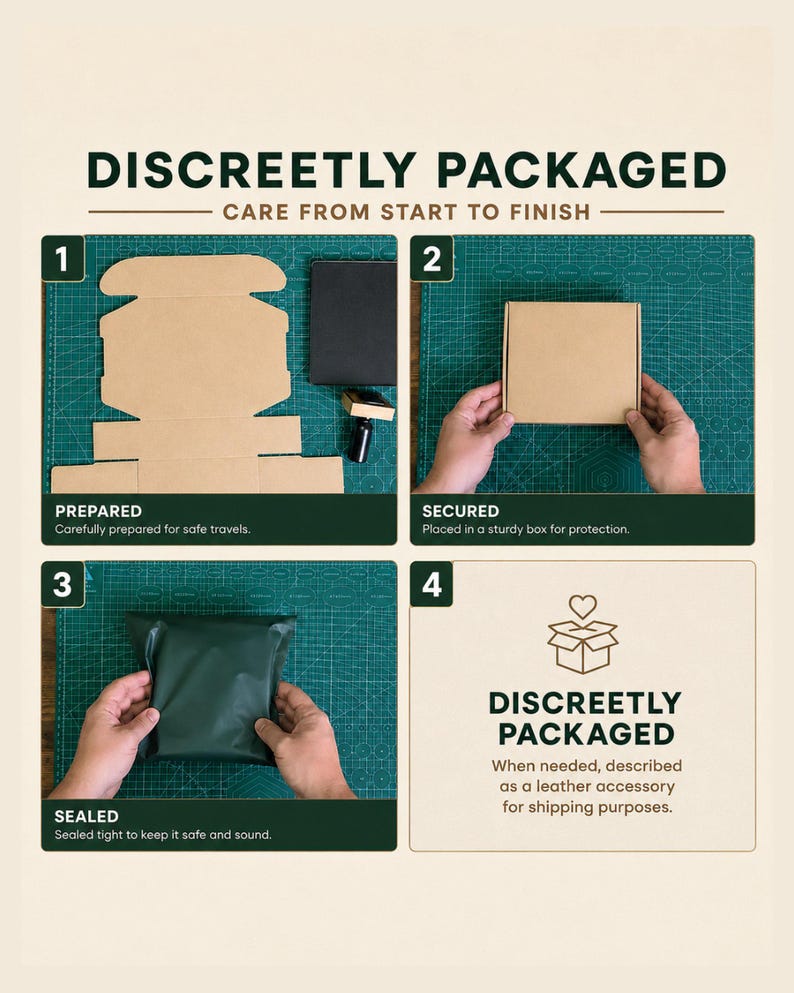 Knotty Oso discreet packaging infographic showing four structural staging steps from plain unbranded kraft boxes to clean sealed green poly mailers.