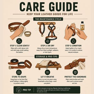Knotty Oso leather care guide infographic showing three steps: clean gently, air dry, condition, and long-term breathability storage tips.